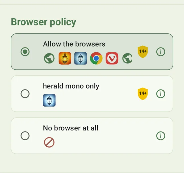 The drawbridge configuration screen, showing Browser policy.