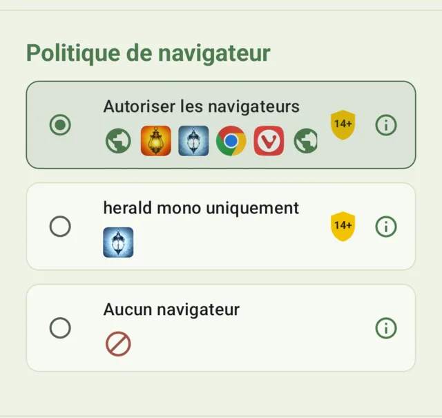 L’écran de configuration de drawbridge, montrant : Politique de navigateur.