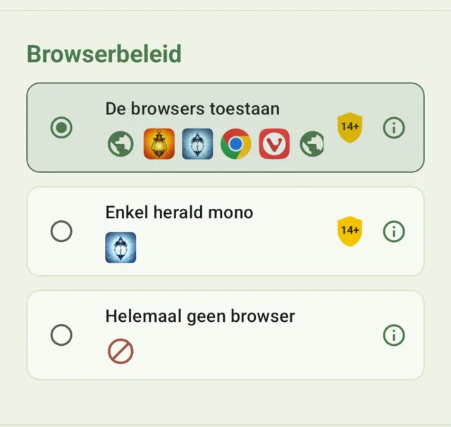 Het configuratiescherm van drawbridge, met Browserbeleid.