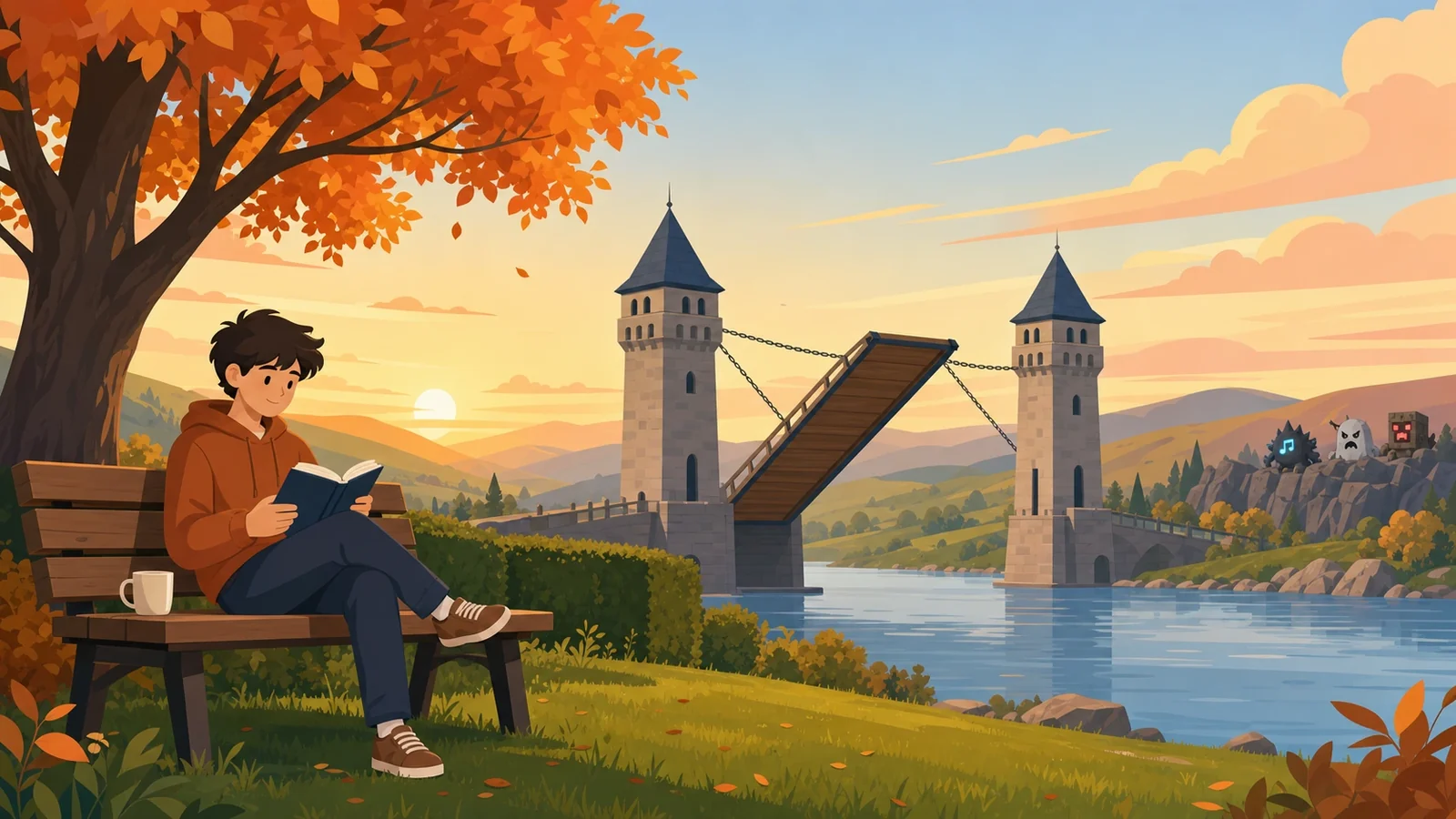 A raised drawbridge at sunset, between an autumn park where somebody is reading on a bench and a rocky shore where cartoon monsters are waiting.