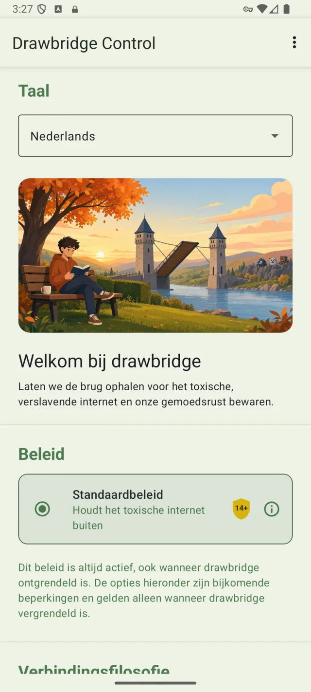 De drawbridge-app open op een telefoon, ontgrendeld, met het beleid en de instellingen.