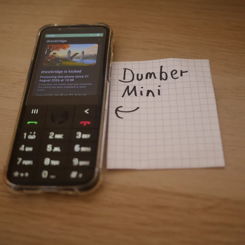 A Dumber Mini keypad phone on a table showing drawbridge's locked screen above its keys, beside a hand-written card naming the phone.